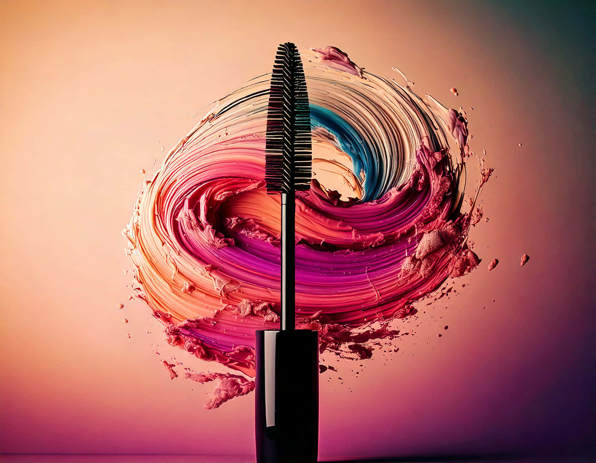 Mascara wand 壁紙 — 一支黑色睫毛膏棒豎立著，被旋轉爆炸的鮮豔粉紅、紫色和藍色化妝顏料包圍，背景為漸變色。