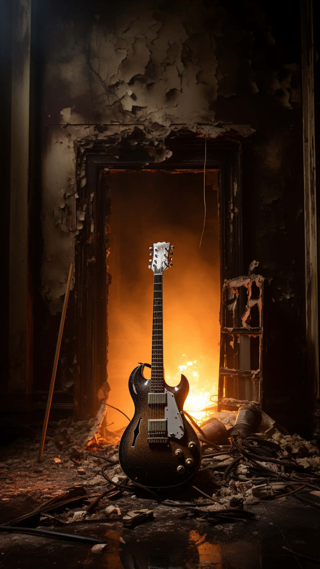 Acoustic guitar isolated on fire background 壁紙 — 一支黑色電吉他直立於破損的門口，背後火焰發光，將溫暖的光線投射在瓦礫上。