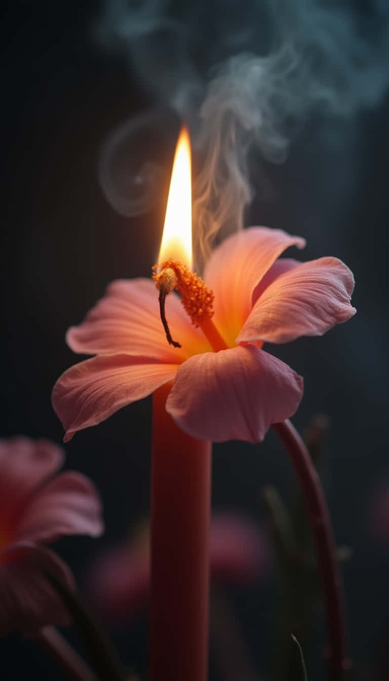 Flower 壁紙 — 一支點燃的蠟燭，粉紅色木芙蓉花垂在燭芯上，在黑暗背景中散發煙霧。