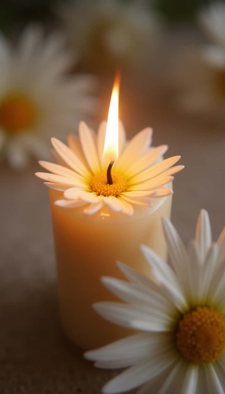 Flower 壁紙 — 一支點燃的蠟燭，頂部棲息著一朵雛菊，周圍是模糊的雛菊，在柔和溫暖的光線中。
