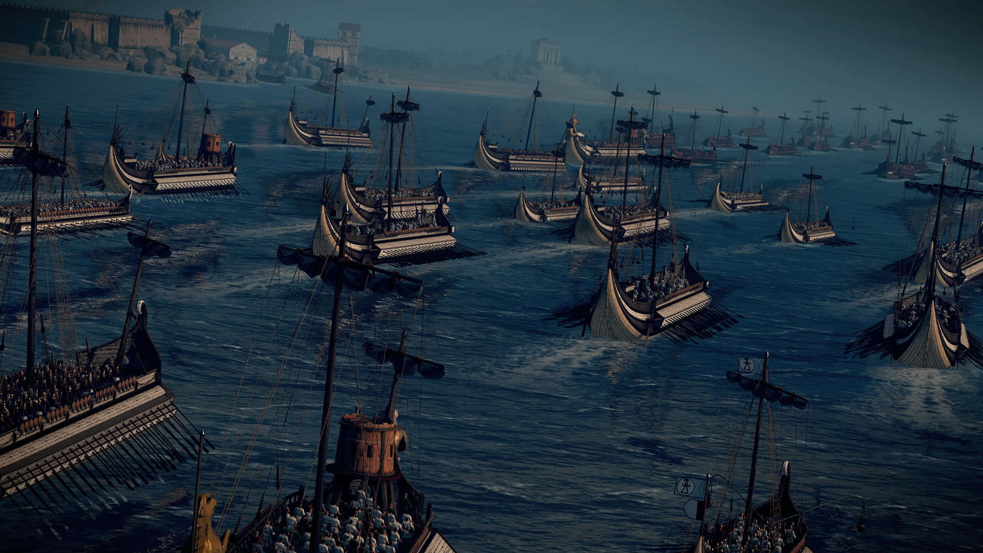 電玩遊戲 桌布 壁紙 — 一支龐大的古代戰艦艦隊在波濤洶湧的海上航行，朝著陰沉天空下遙遠的沿海城市前進。
