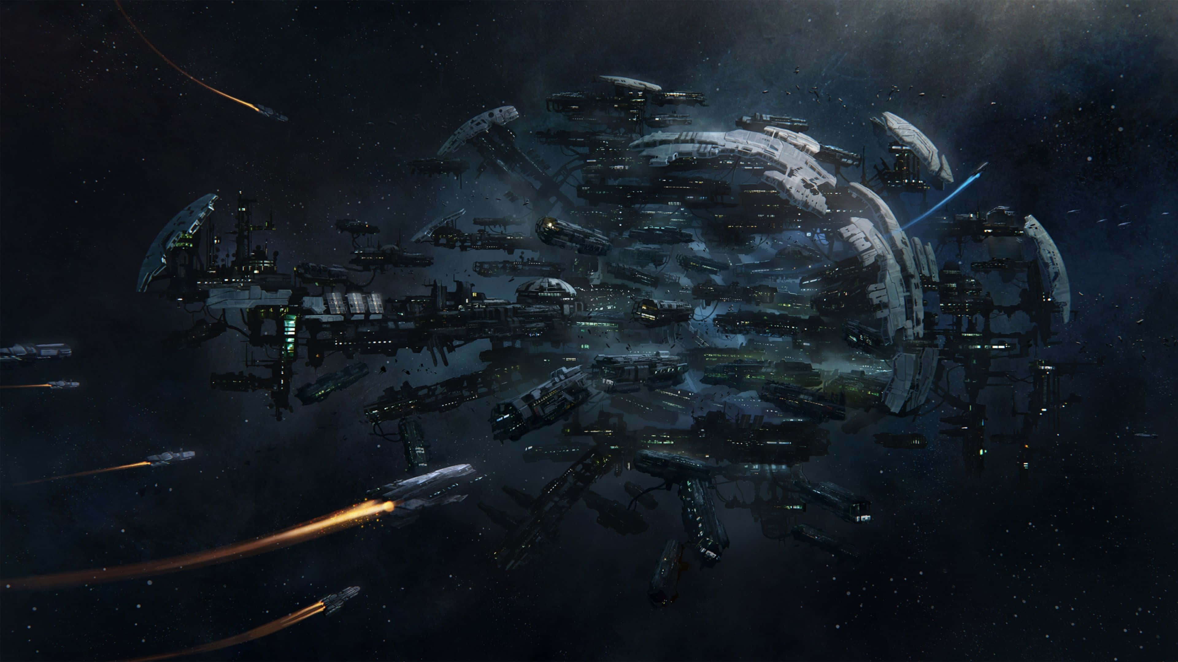 3840x2160 動態圖片 桌布 壁紙 — 一支龐大的未來主義太空船艦隊在佈滿星辰的虛空中環繞一顆黑暗行星，引擎發光並伴有武器火力。