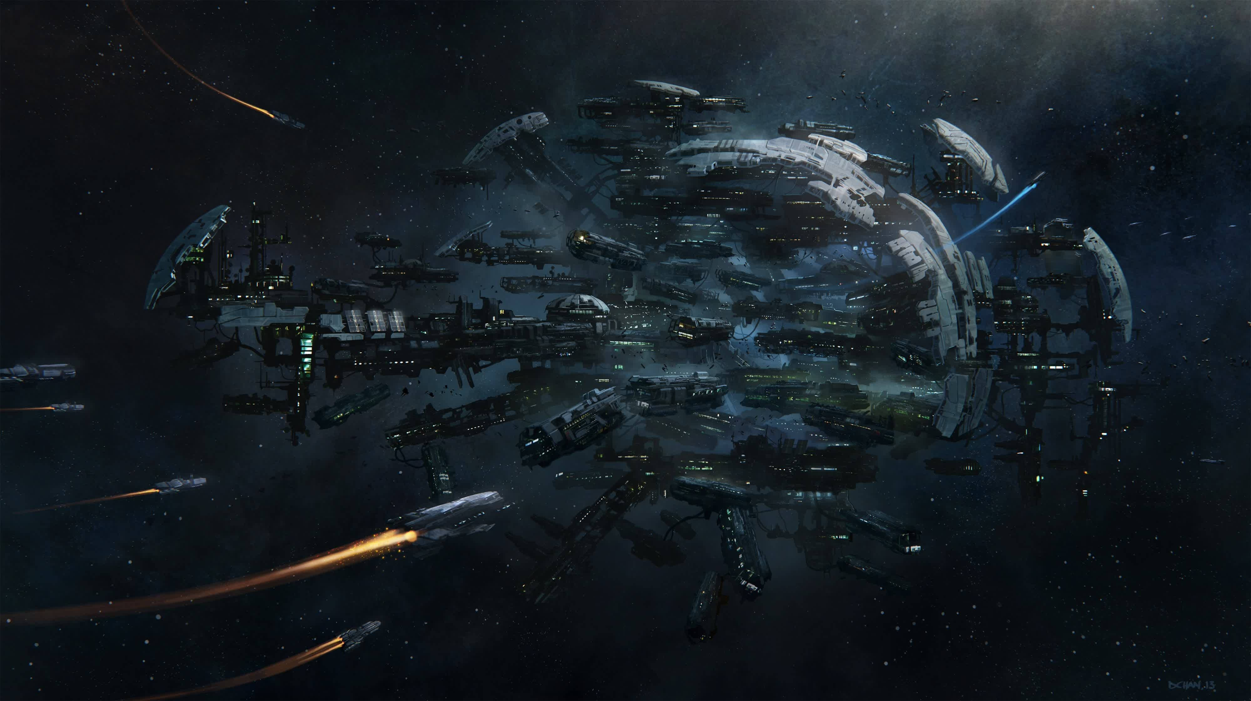 Star Citizen 桌布 壁紙 — 一支龐大的未來派太空船艦隊，在星光璀璨的宇宙背景下，繞著一個巨大的太空站運行。