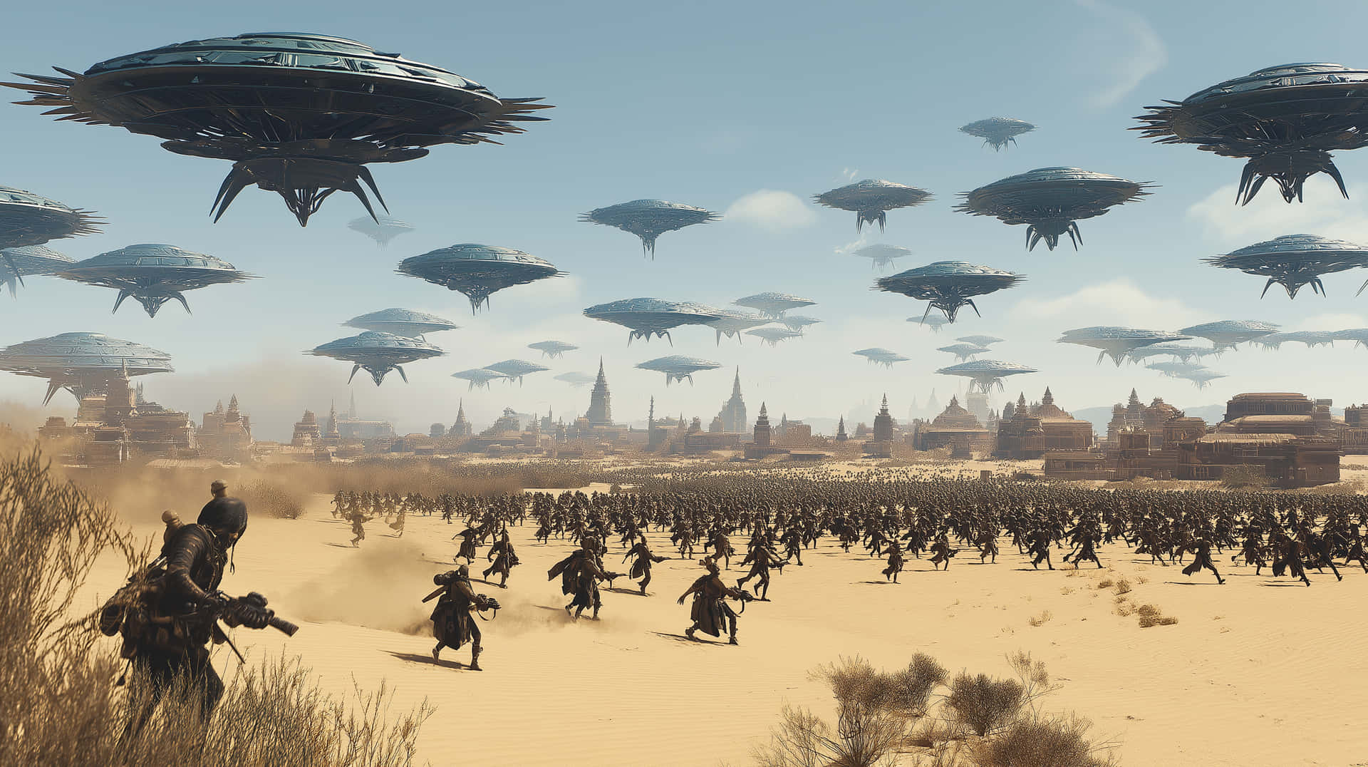 Martian Invasion: Tripod War Machines and Advancing Troops 壁紙 — 一支龐大的沙漠軍隊向著遙遠的城市衝鋒，而一群未來風格的飛船在上空威脅性地盤旋。