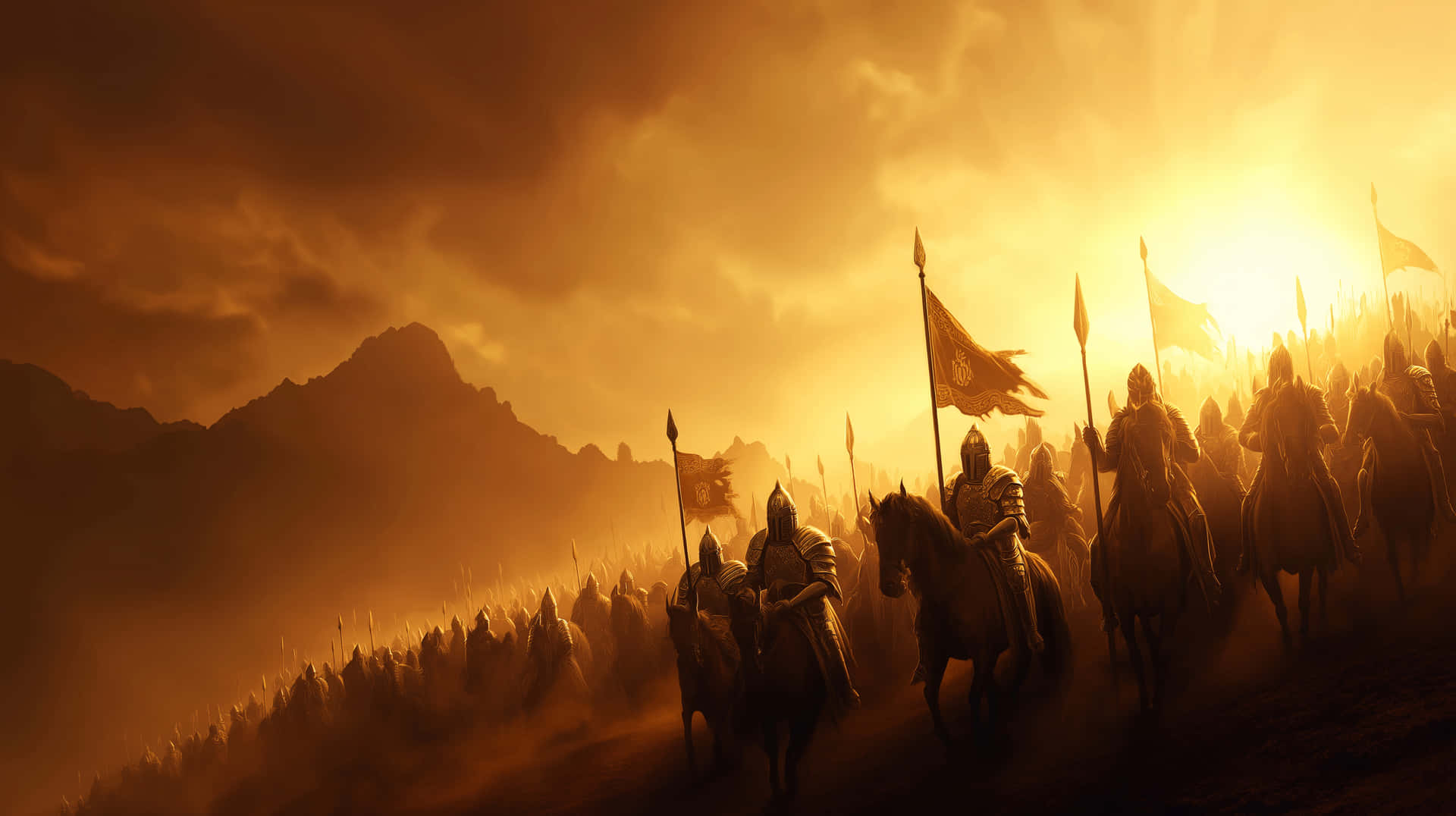 Massive Army of Knights Marching Towards a Golden Horizon 壁紙 — 一支龐大的裝甲騎士騎兵大軍，在金色夕陽和遠處鋸齒狀山脈下，穿越塵土飛揚的平原前進。