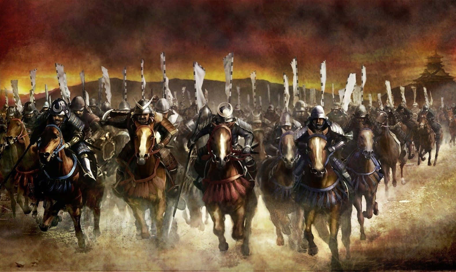 Shogun 桌布 壁紙 — 一支龐大的騎兵武士軍隊在熾熱的夕陽天空下高舉長矛向前衝鋒。