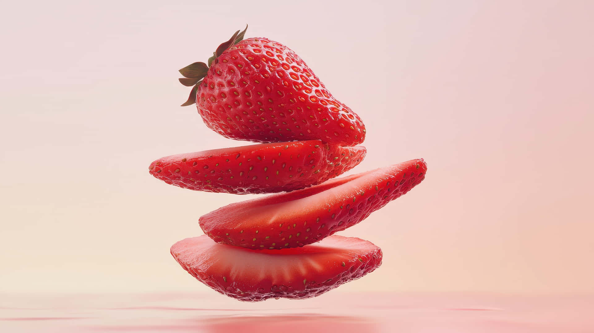Fresh floating sliced strawberry on pastel background 壁紙 — 一整個草莓平衡在三片漂浮的切片上，背景是柔和的粉紅色漸層。