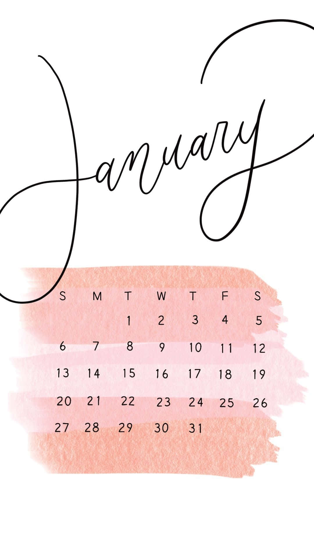 Cute January 桌布 壁紙 — 一月日曆，白色背景上帶有優雅的黑色字體和柔和粉紅色水彩潑濺。