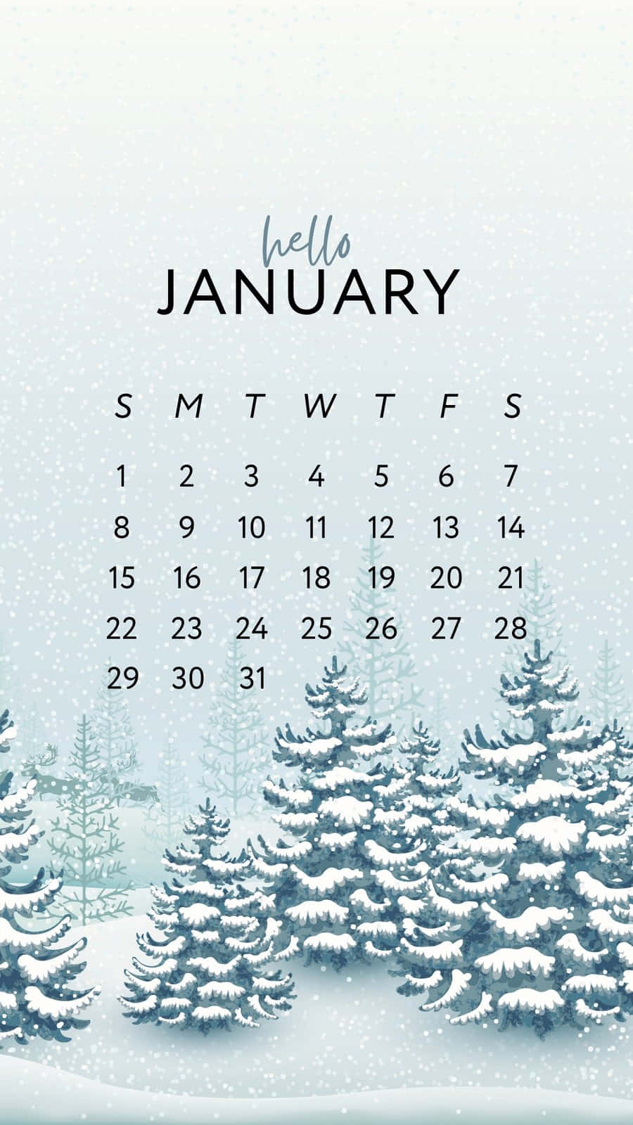 Hello January 桌布 壁紙 — 一月日曆，雪花飄落中覆蓋著白雪的松樹，柔和藍白色調。