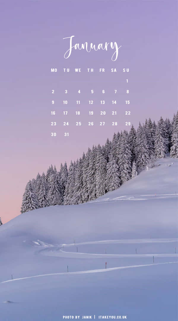 Hello January 桌布 壁紙 — 一月日曆疊加在寧靜的雪山景觀上，有松樹，背景是薰衣草色和粉紅色的暮色天空。