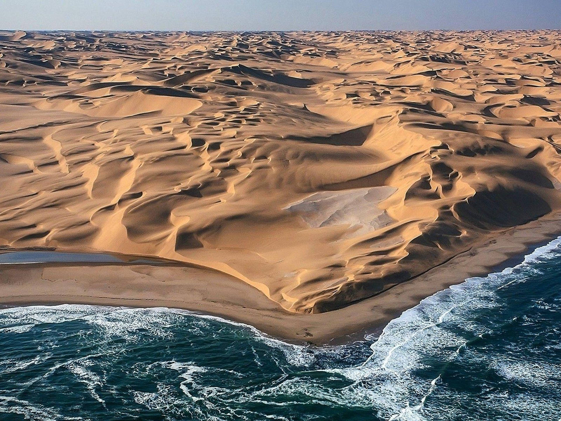 金色沙漠沙丘與碧綠的海浪在戲劇性的海岸線上交匯。 — Giga Chad GIF 壁紙