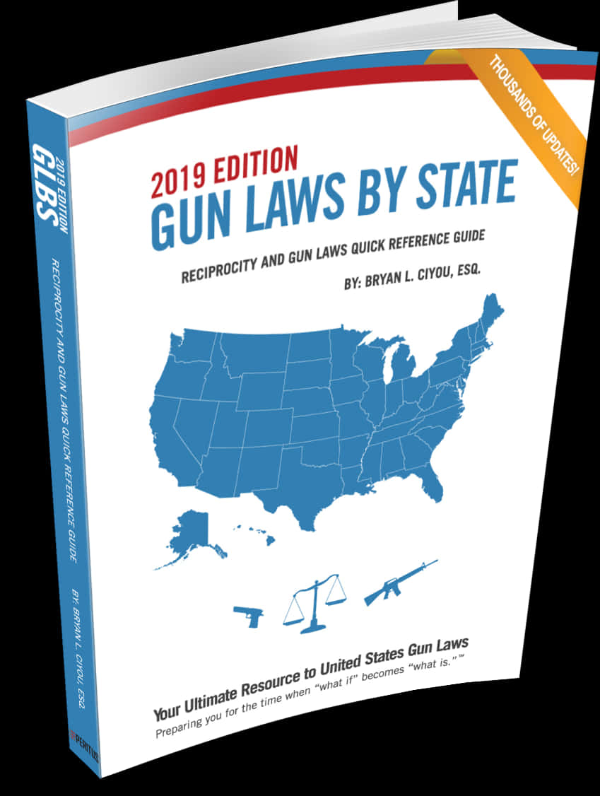 Law 桌布 壁紙 — 一本3D渲染的書，書名為《2019 Edition Gun Laws by State》，白色封面帶有藍色美國地圖和槍枝圖標。