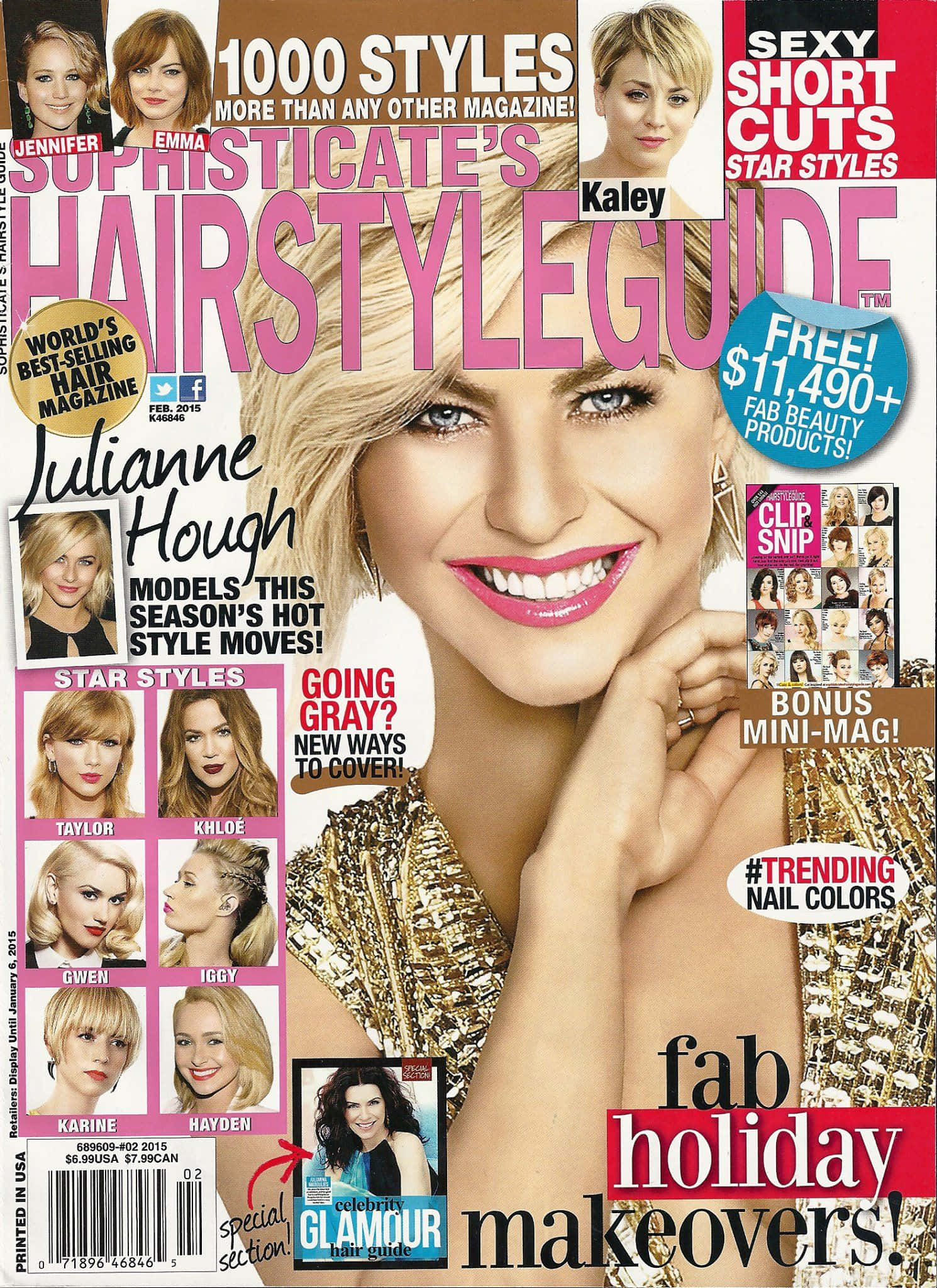 雜誌 桌布 壁紙 — 一本充滿活力的雜誌封面，Julianne Hough 穿著金色亮片上衣微笑，搭配大膽的粉紅色文字和名人髮型預覽。