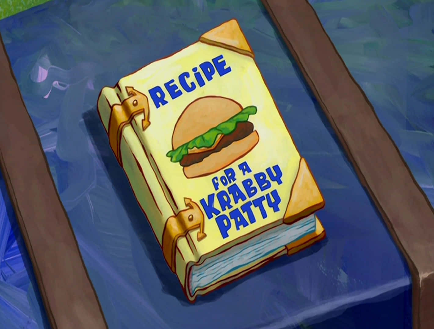 Krabby Patty 桌布 壁紙 — 一本卡通蟹黃堡食譜書漂浮在水中，封面有漢堡插圖。