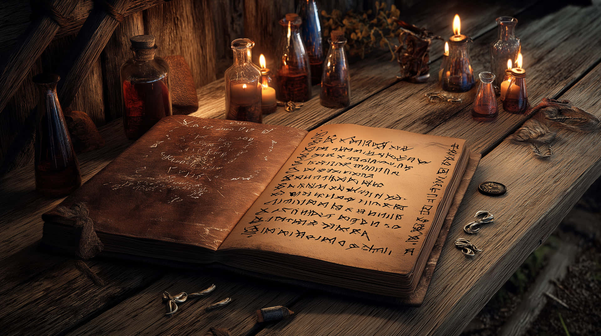 Enchanted Tome and Potions 壁紙 — 一本古老的打開書本，上面有神秘符號，放在一張破舊的木桌上，周圍有發光的蠟燭和裝滿琥珀色液體的玻璃瓶。