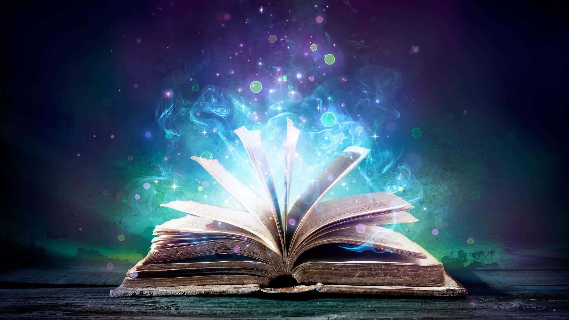 書本 桌布 壁紙 — 一本古老的打開的書在黑暗神秘的背景中散發出發光的魔法能量和閃爍的粒子。