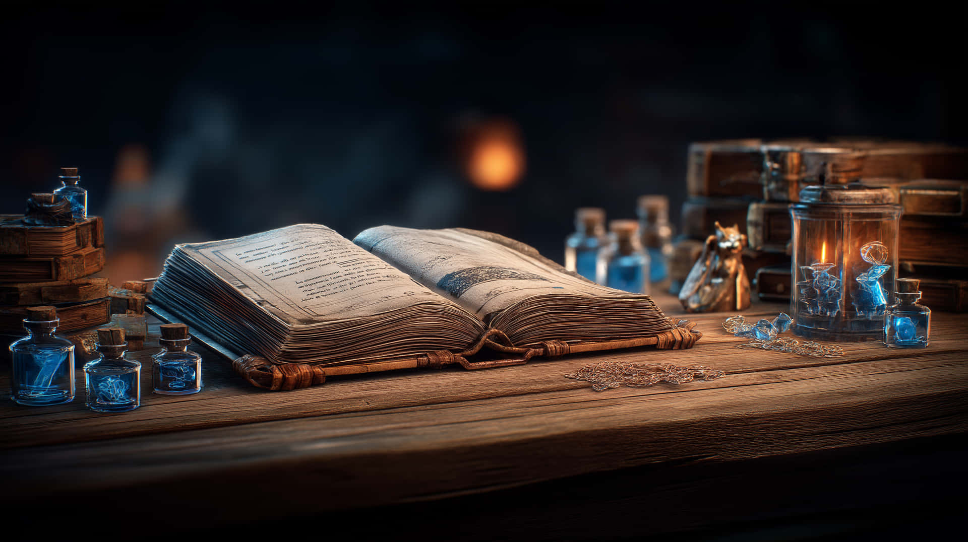 Enchanted Tome and Potions 壁紙 — 一本古老的打開的書放在木桌上，周圍環繞著發光的藍色藥水瓶和堆疊的皮革裝訂書籍，在溫暖的燭光下。