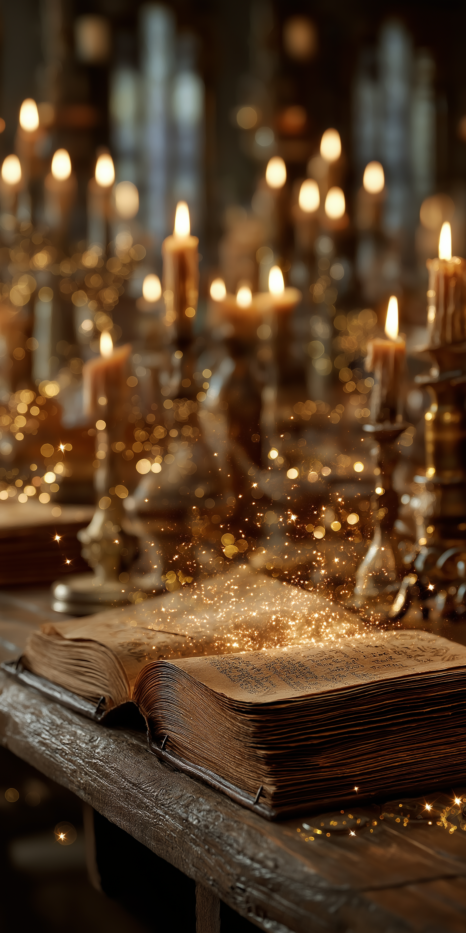 enchanted 桌布 壁紙 — 一本古老的打開的書放在木桌上，金色的火花從書頁中升起，周圍是華麗燭台上的發光蠟燭。