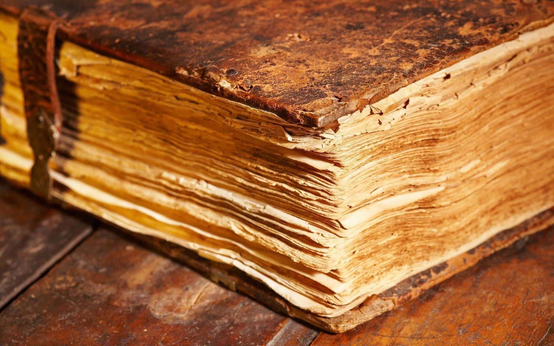 書本 桌布 壁紙 — 一本古老皮面書的微距特寫，泛黃的書頁擱在質樸的木質表面上。