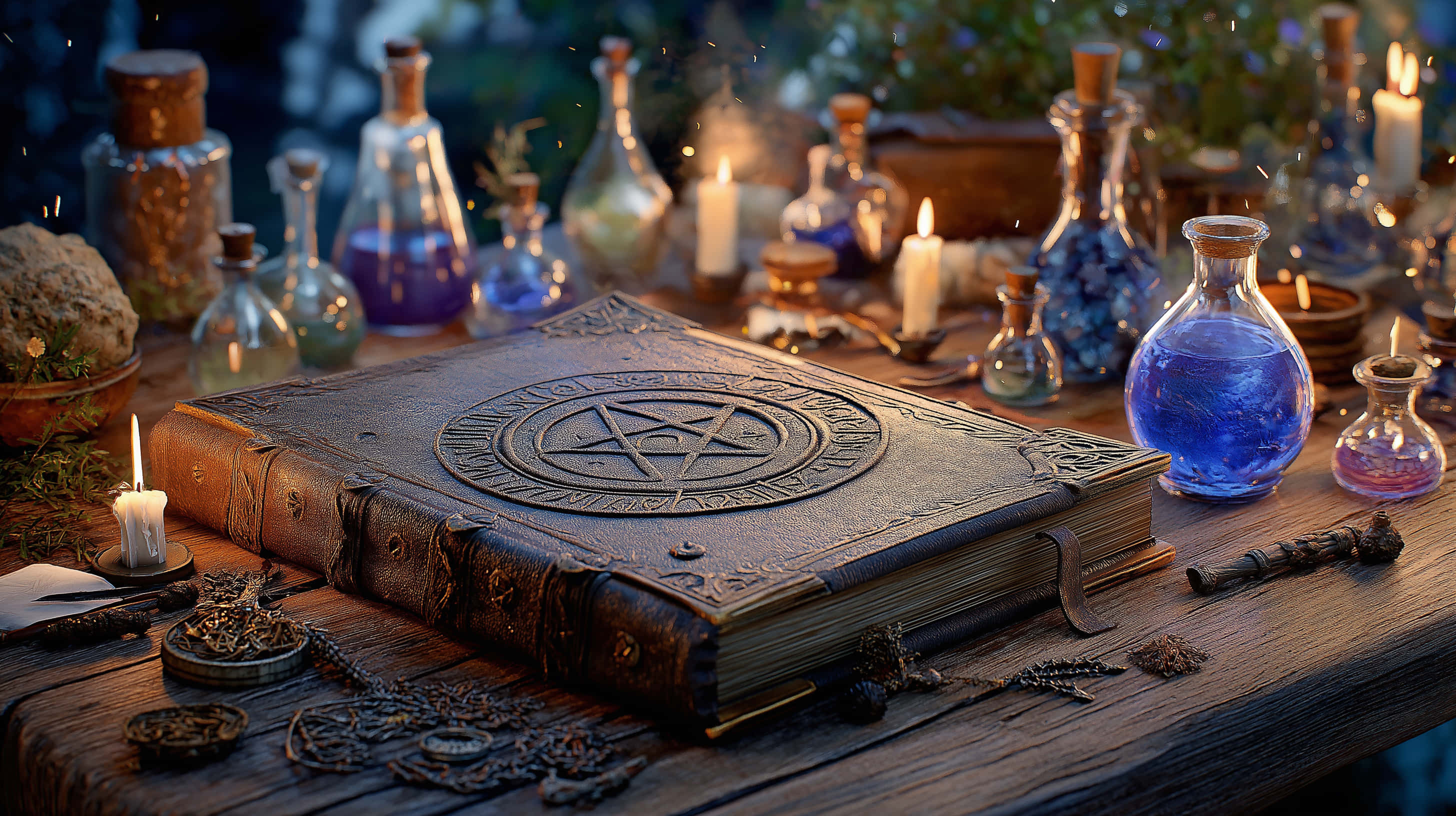 Ancient 桌布 壁紙 — 一本古老皮革裝訂的魔法書，帶有五角星封印，放在質樸的木桌上，周圍環繞著發光的蠟燭和色彩繽紛的藥水瓶。