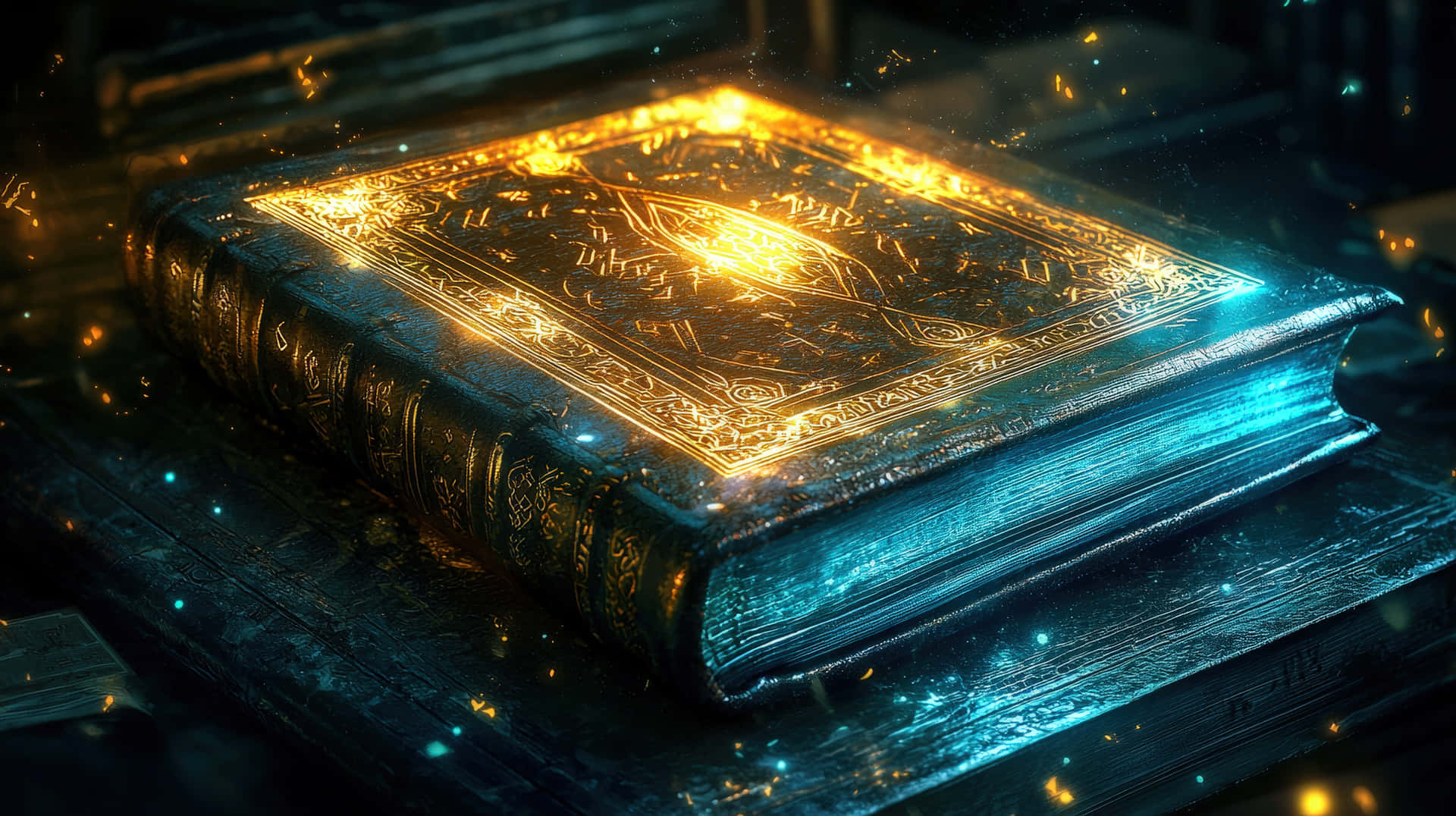 Enchanted Ancient Book with Glowing Golden and Blue Magical Aura 壁紙 — 一本古老華麗的書在黑暗的木質表面上發出金色光芒，周圍漂浮著火花。