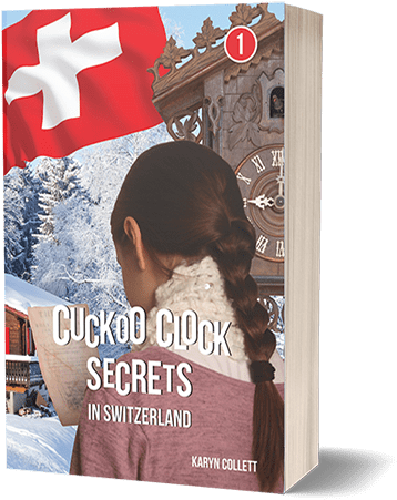 瑞士 桌布 壁紙 — 一本名為《Cuckoo Clock Secrets in Switzerland》的書，書中有一個女孩在雪村和瑞士國旗。