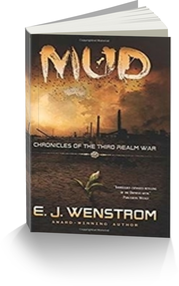 書本 桌布 壁紙 — 一本名為「MUD」的書封面顯示了日落時分荒涼的戰場，泥濘的地面上長出一棵嫩芽。