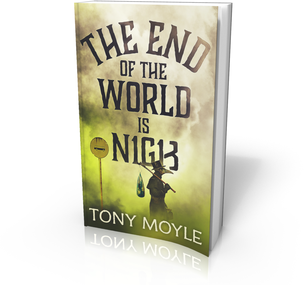 書本 桌布 壁紙 — 一本名為「The End of the World is NIG13」的書封面，以煙霧瀰漫的綠色和黃色天空為背景，呈現瘟疫醫生的剪影。