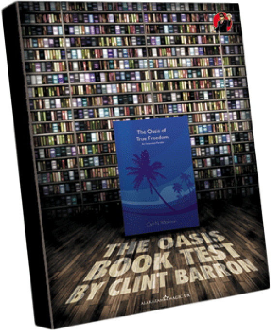 綠洲 桌布 壁紙 — 一本名為《The Oasis of True Freedom》的書矗立在圖書館中高聳的書架前，書架上擺滿了色彩繽紛的書籍。