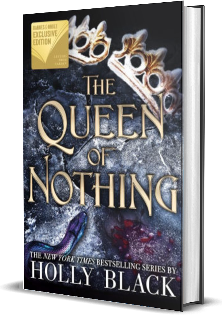 書本 桌布 壁紙 — 一本名為《The Queen of Nothing》的奇幻書籍封面，背景為深色紋理，上面有一個破碎的金色皇冠和一條紫色的蛇。