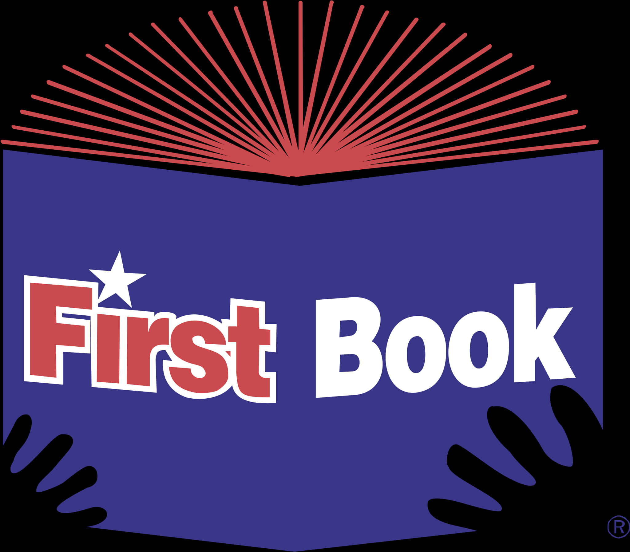 書本 桌布 壁紙 — 一本大膽的藍色書，紅色頁面，白色文字寫著「First Book」，由黑色手拿著，背景為黑色。