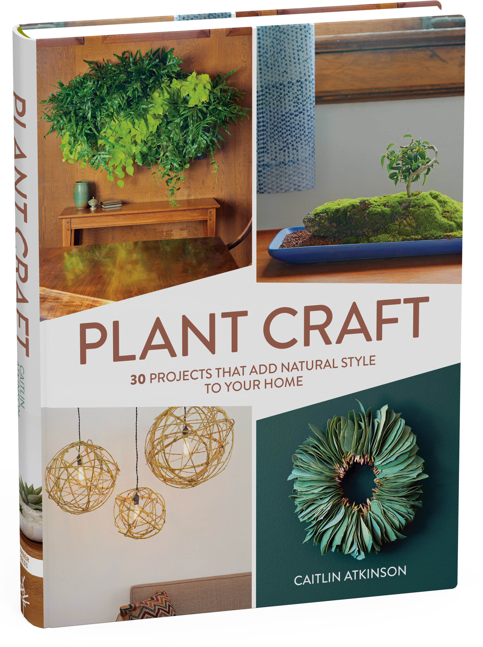 水下動畫 桌布 壁紙 — 一本展示植物工藝品的書封，包括懸掛的綠色牆藝、長滿苔蘚的盆景和編織的葉環，色調溫暖自然。
