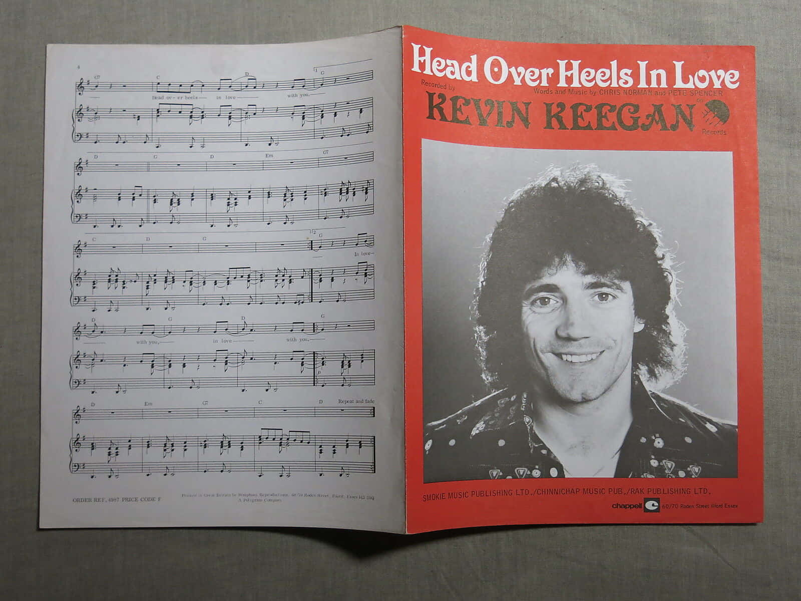 音樂 桌布 壁紙 — 一本復古樂譜小冊子打開，展示樂譜和歌手Kevin Keegan的黑白照片，封面為大膽的紅色。