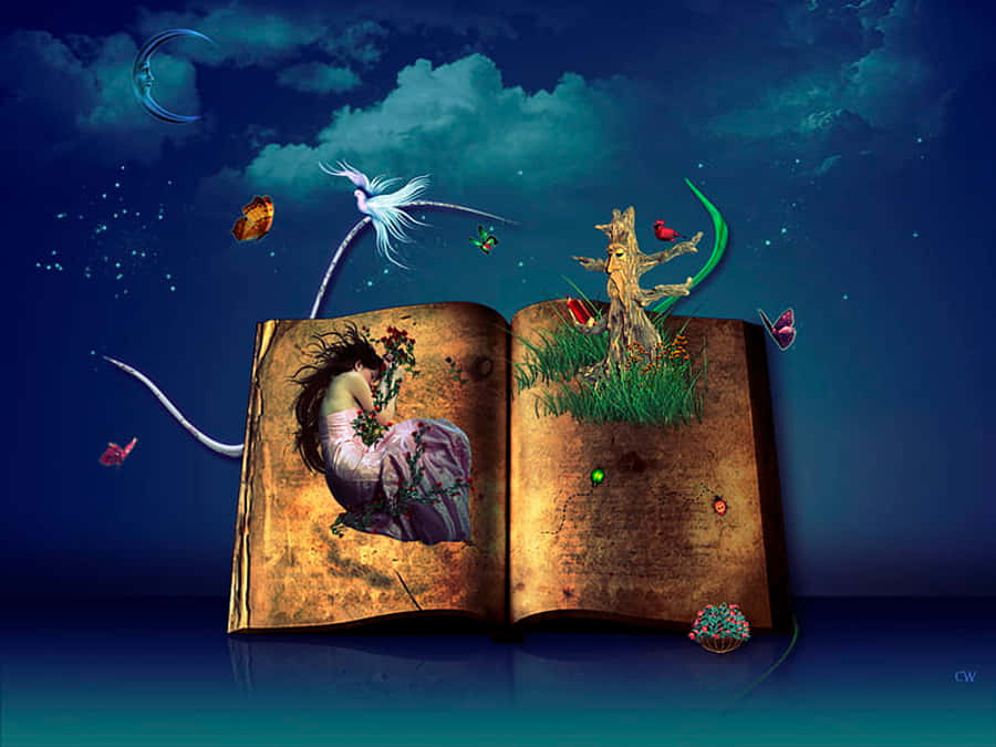 Fairy Tale 桌布 壁紙 — 一本打開的古老書本漂浮在星空夜晚中，一位穿著花卉裙子的女士和奇幻生物從書頁中出現。
