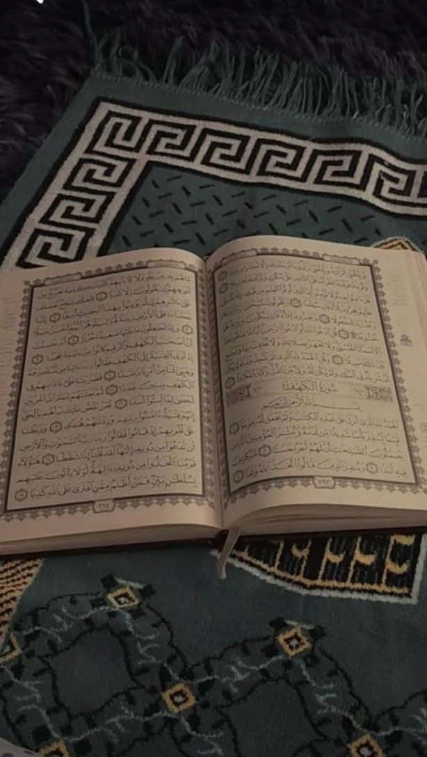 書本 桌布 壁紙 — 一本打開的可蘭經放在帶有流蘇邊緣的圖案祈禱毯上，處於溫暖的環境光線下。