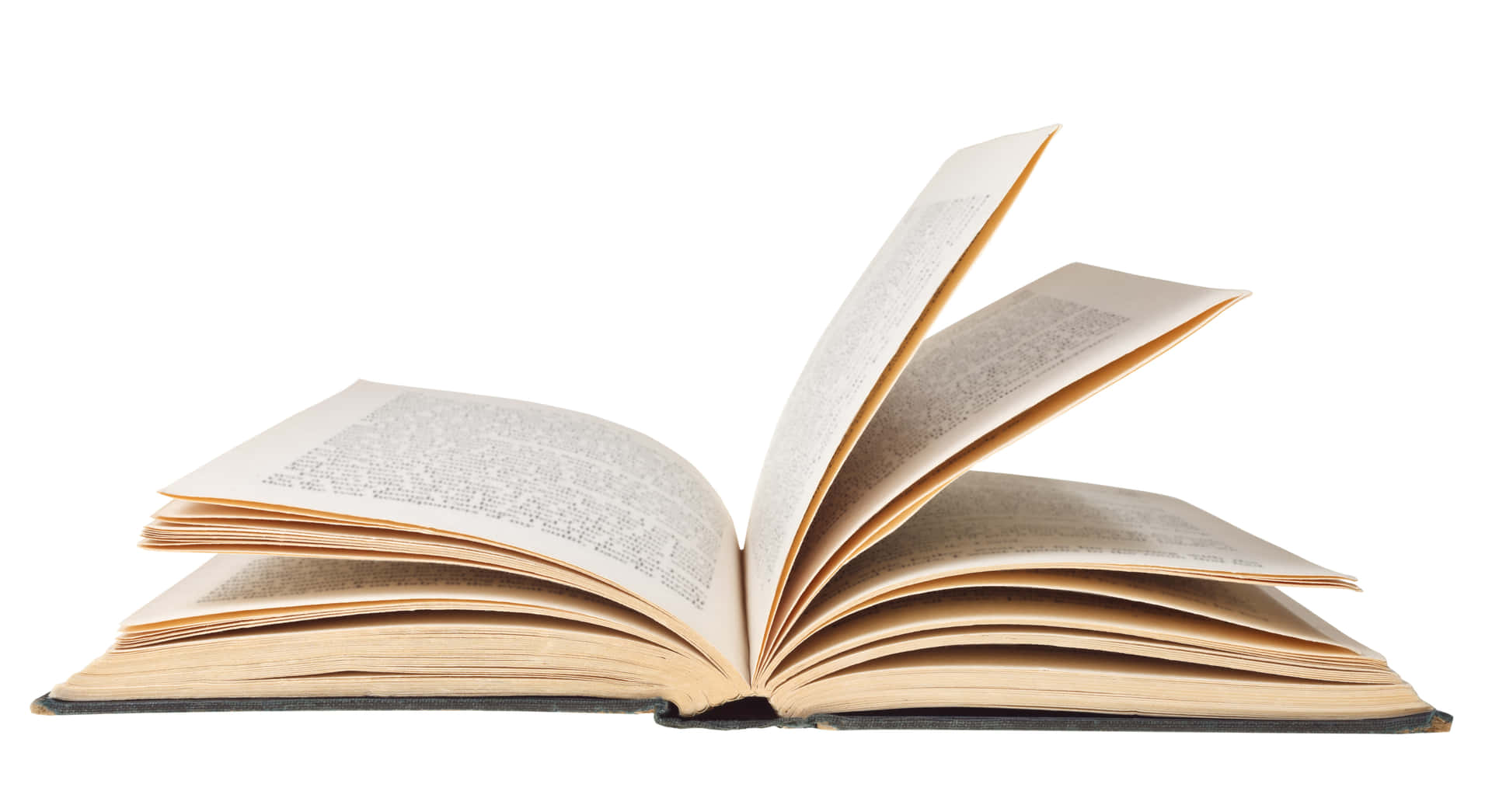 書本 桌布 壁紙 — 一本打開的復古書，泛黃的書頁平放在純白背景上。