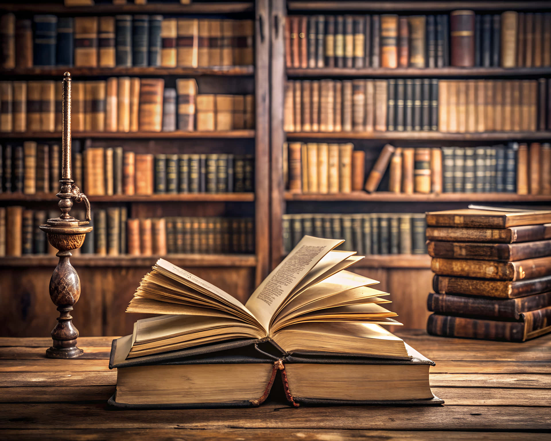 Open book in a library 壁紙 — 一本打開的復古書本放在木桌上，旁邊是一堆舊書和一個華麗的黃銅燈，在一個有高聳書架的圖書館裡。