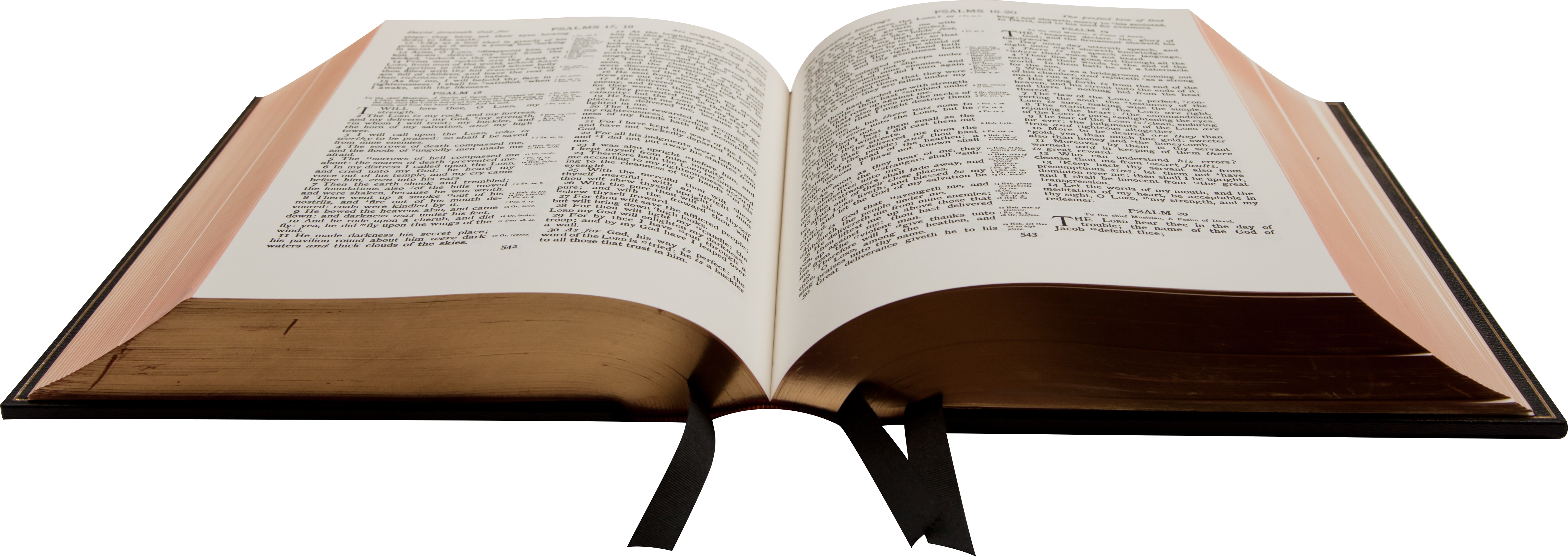 Open Bible 桌布 壁紙 — 一本打開的復古書籍，帶有泛黃的書頁和黑色絲帶書籤，背景為純黑色。