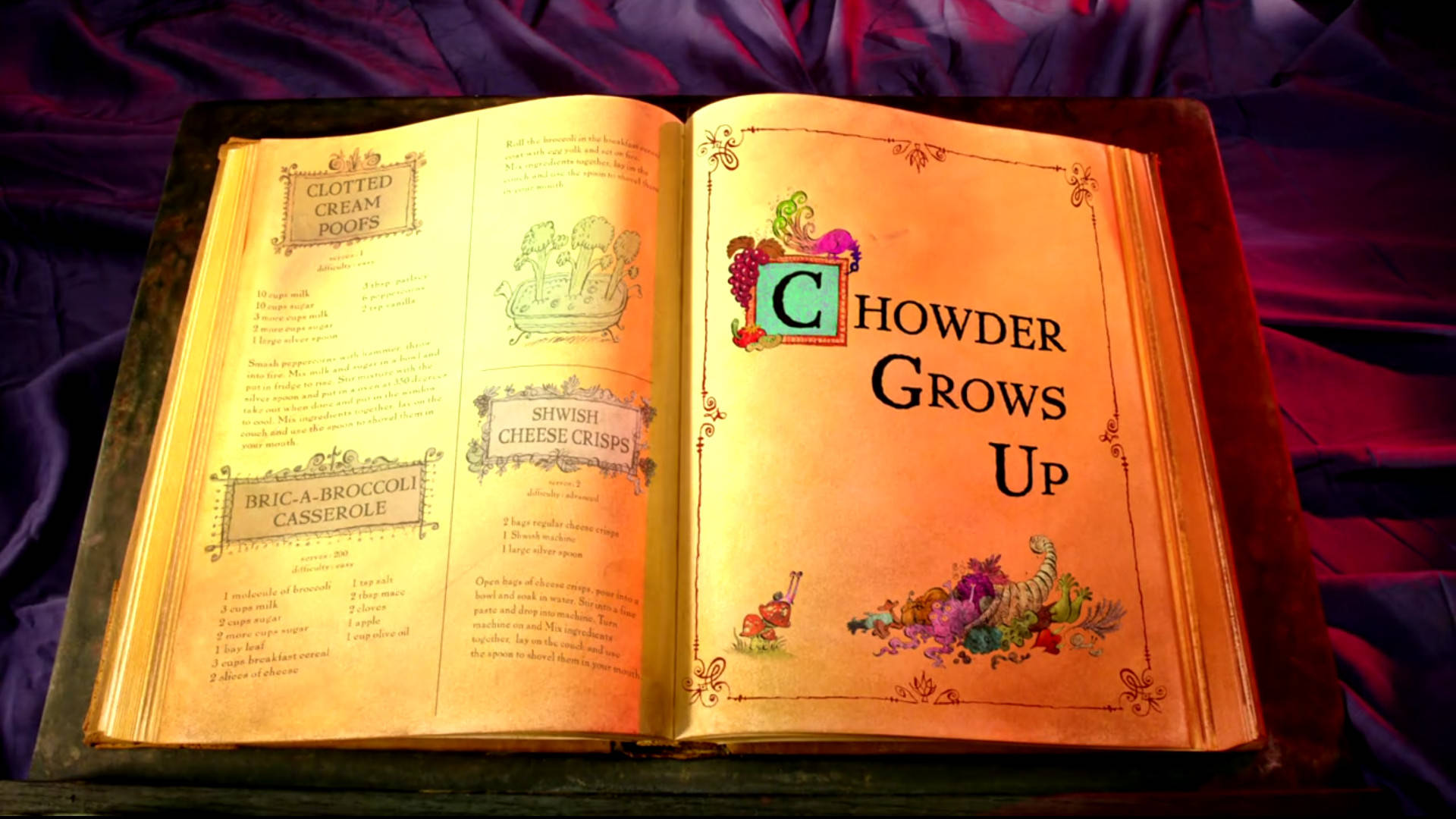 Chowder Cartoon 桌布 壁紙 — 一本打開的復古食譜，內有像「Chowder Grows Up」這樣奇特的食譜，放在濃郁的紫色天鵝絨表面上。