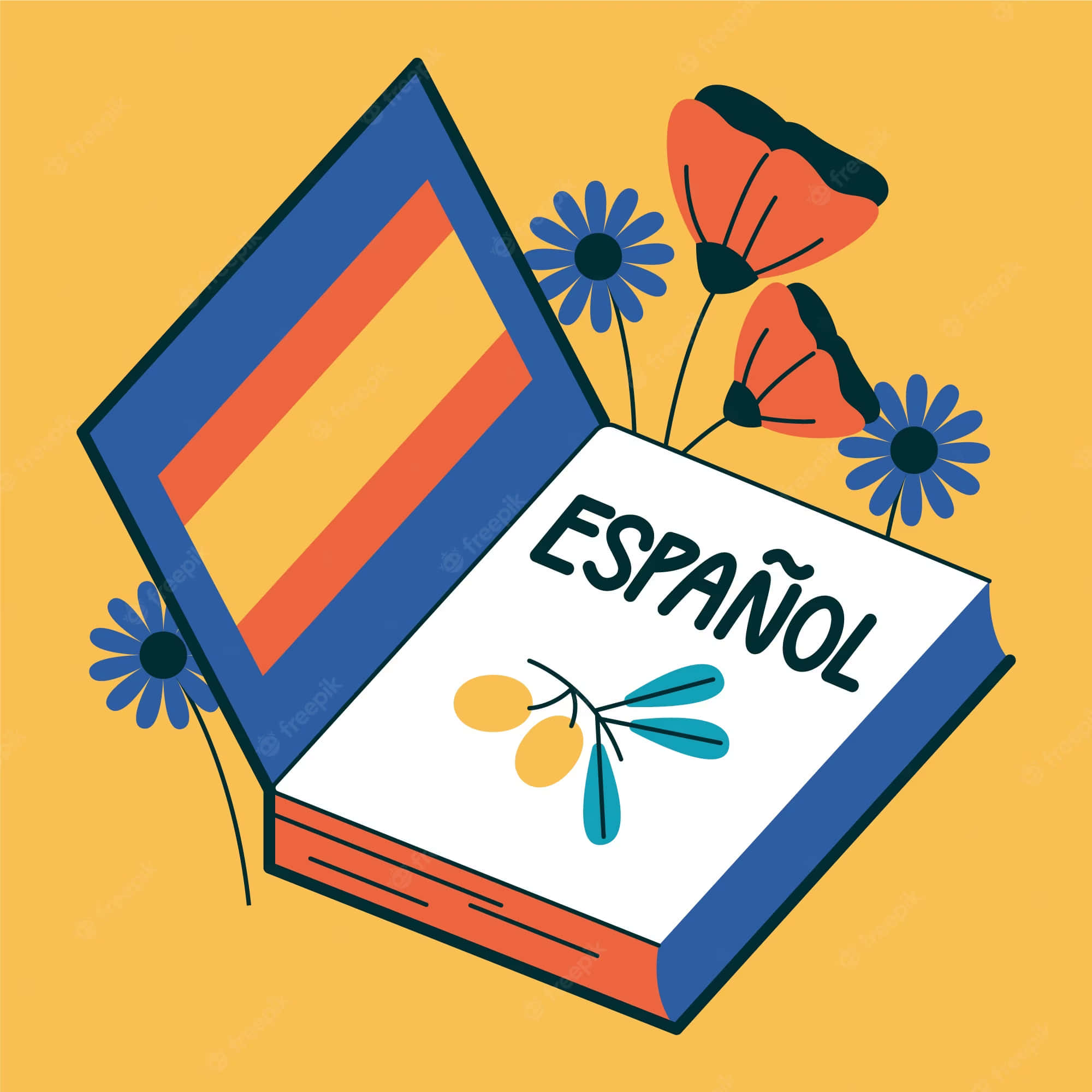 Spanish 桌布 壁紙 — 一本打開的插圖書，上面標有español，裡面有西班牙國旗，周圍有色彩繽紛的花朵，背景為黃色。