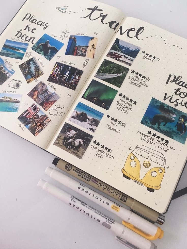 Scrapbooking 桌布 壁紙 — 一本打開的旅行日記，裡面充滿了去過和夢想中的目的地（如紐約和北極光）的照片，旁邊放著筆。