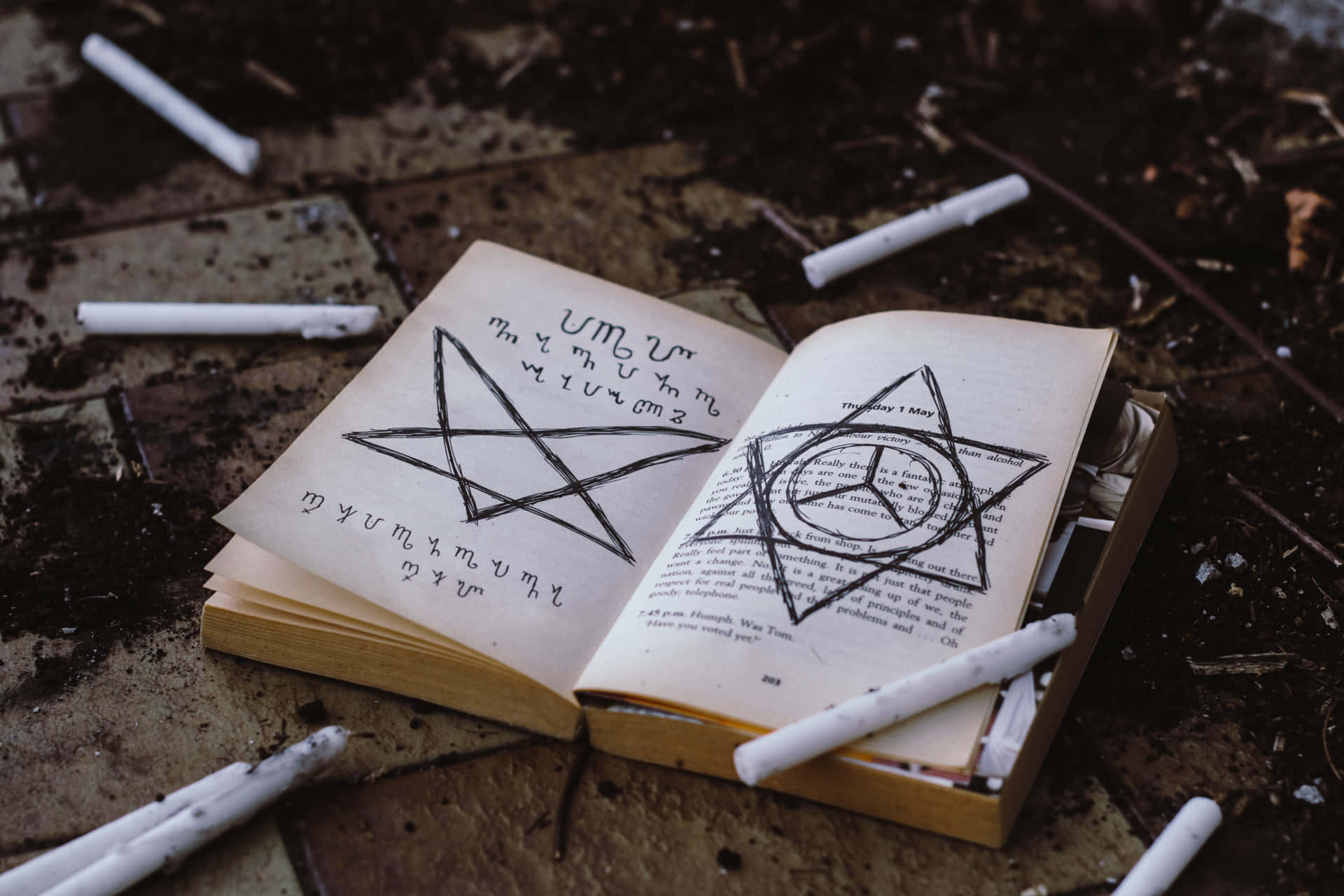 Grimoire 桌布 壁紙 — 一本打開的書，上面有粉筆畫的 pentagram，被遺棄在裂開的路面上，周圍散落著煙蒂。
