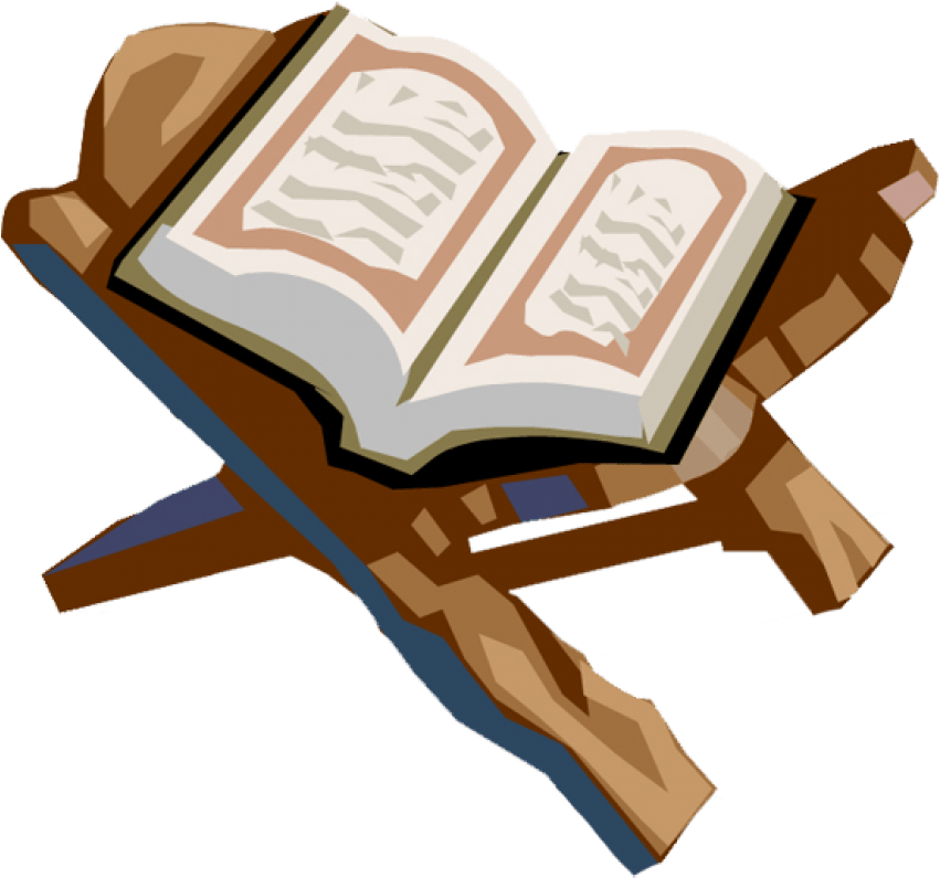 Quran 桌布 壁紙 — 一本打開的書，上面有阿拉伯文字，放在黑色背景的木製支架上。