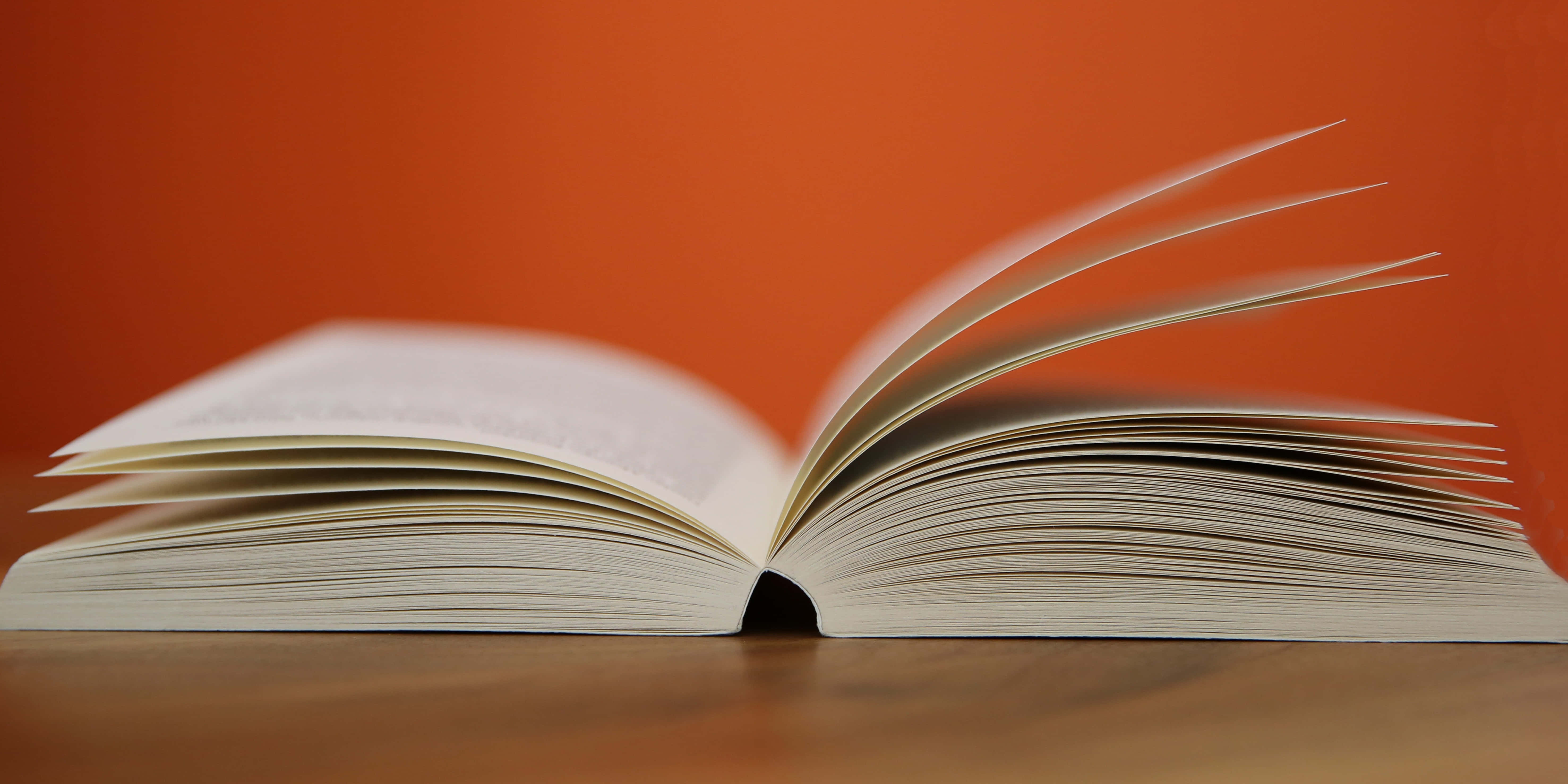 Educated 桌布 壁紙 — 一本打開的書，內頁潔白，放在木質表面上，背景是溫暖的橙色。
