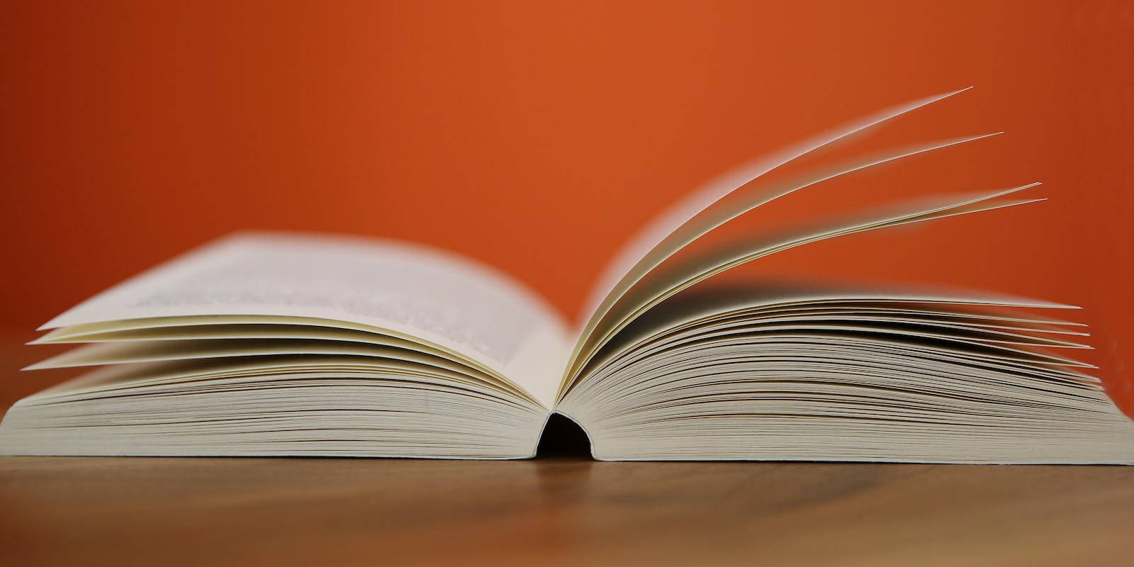 Education 桌布 壁紙 — 一本打開的書，帶有潔白清晰的書頁，放在木質表面上，背景是溫暖的橙色。