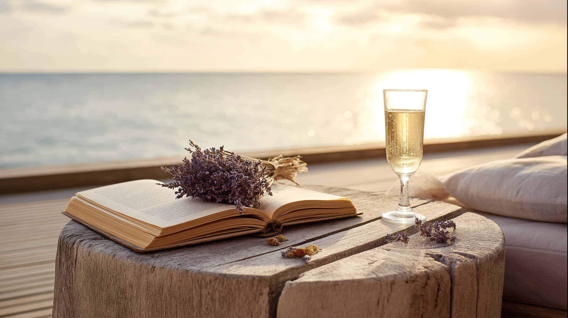 Photorealistic Weathered Wooden Table with Book and Champagne 壁紙 — 一本打開的書，放有乾燥薰衣草和一杯氣泡酒，放在一張飽經風霜的木桌上，俯瞰著日落時平靜的海洋。