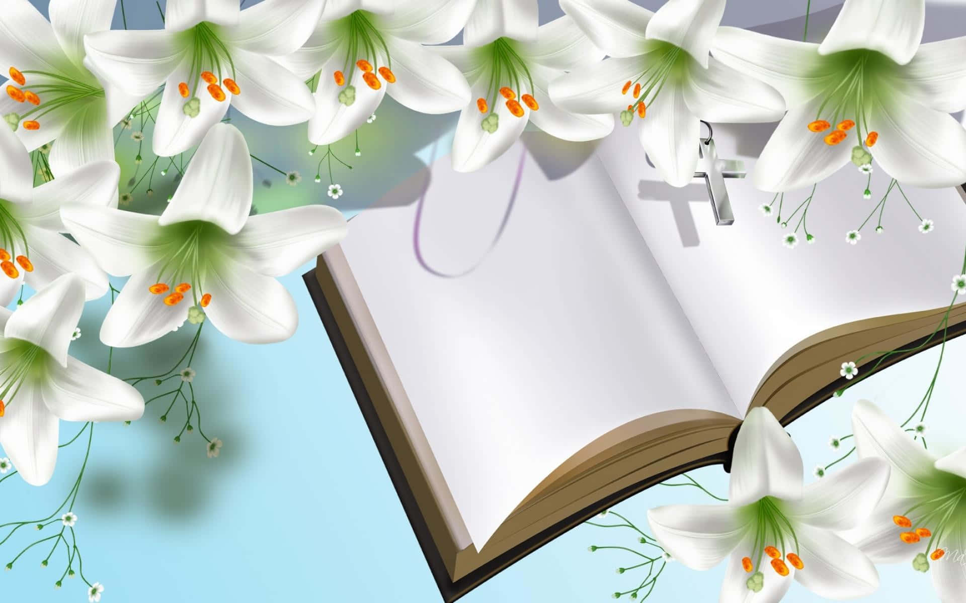 Religious Easter 桌布 壁紙 — 一本打開的書，書頁上有十字架，周圍環繞著白色百合花和滿天星，背景是柔和的藍色。