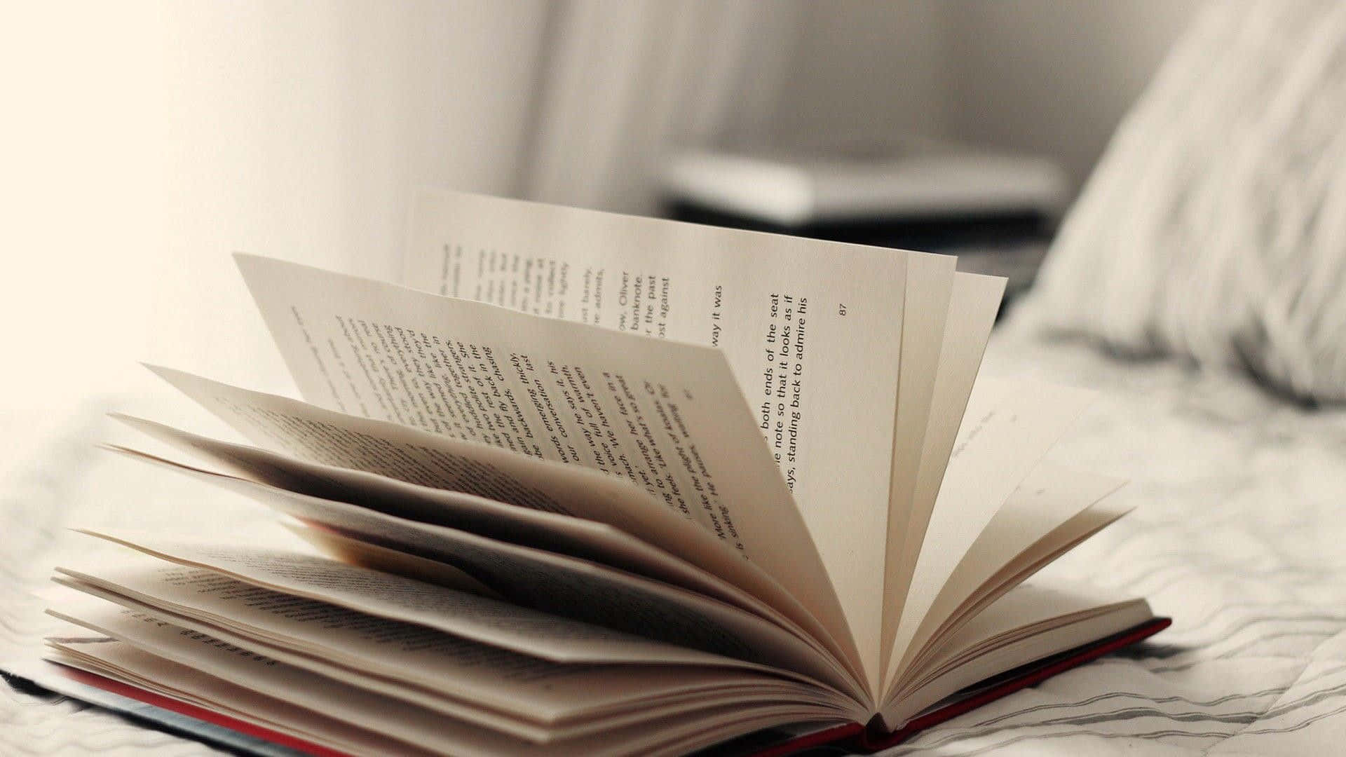 閱讀 桌布 壁紙 — 一本打開的書，書頁呈扇形展開，放在一張鋪有柔軟條紋床單和枕頭的床上。