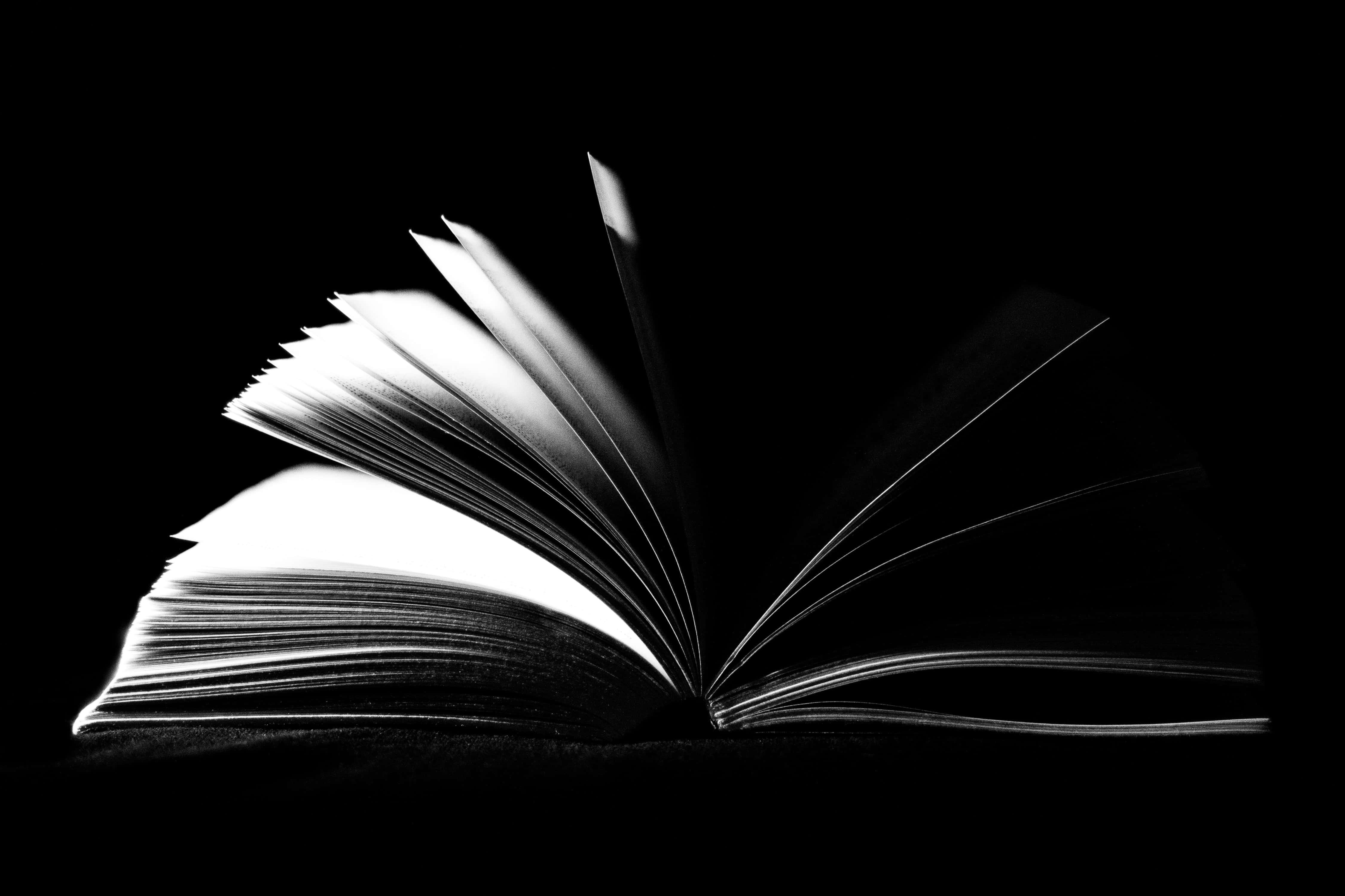 黑白 桌布 壁紙 — 一本打開的書，書頁如扇子般展開，襯托在深色背景上，呈現出鮮明的黑白照片效果。