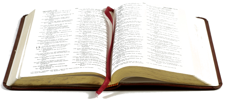 Open Bible 桌布 壁紙 — 一本打開的書，白色頁面上有黑色文字和紅色書籤，背景為純黑色。